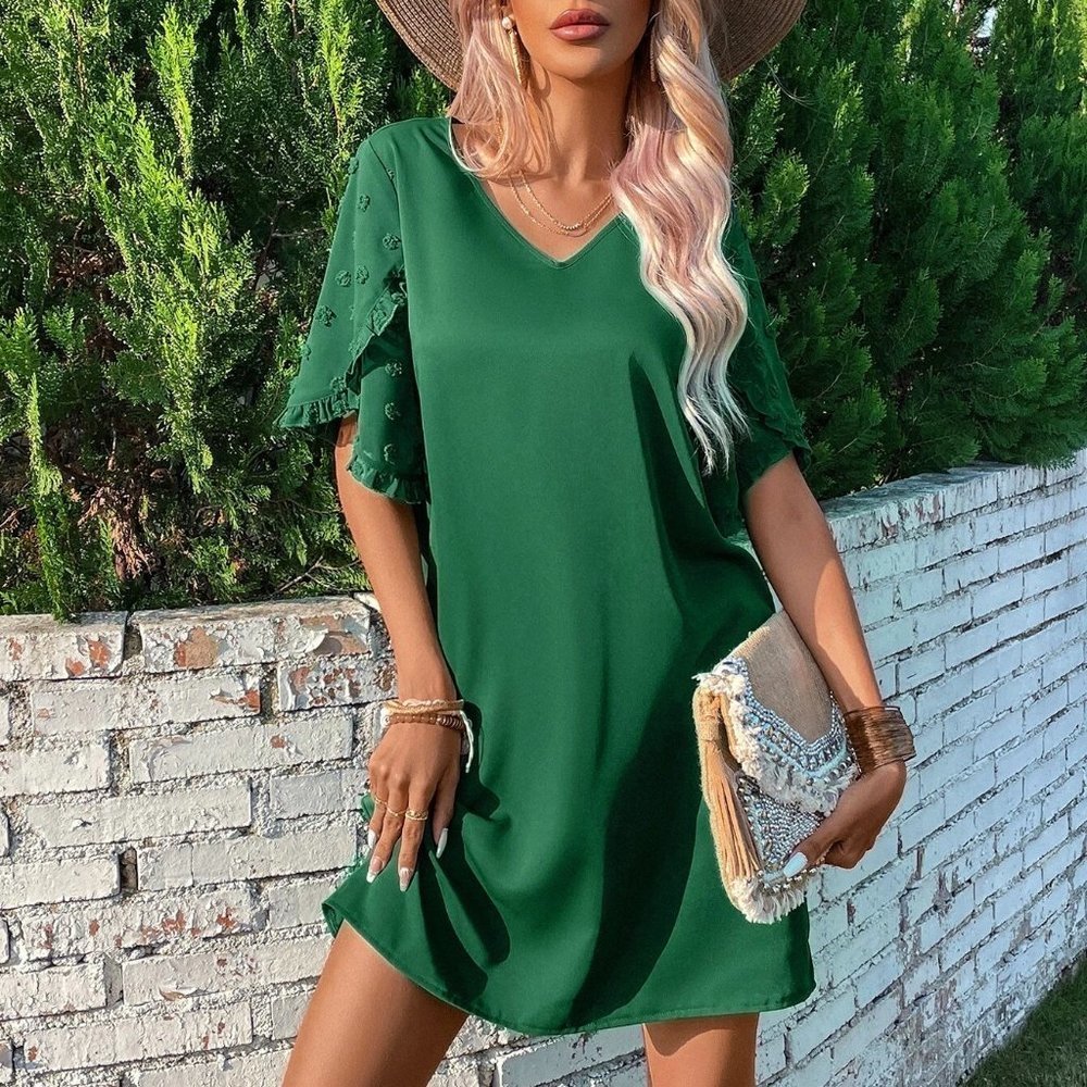 Green Swiss Dot Petal Sleeve Tunic Dress - Picture 4 of 5